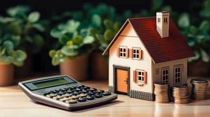 Mini Model House with Mortgage Documents An image of a mini model house with mortgage documents and a calculator, suitable for financial advising content or homebuyer education