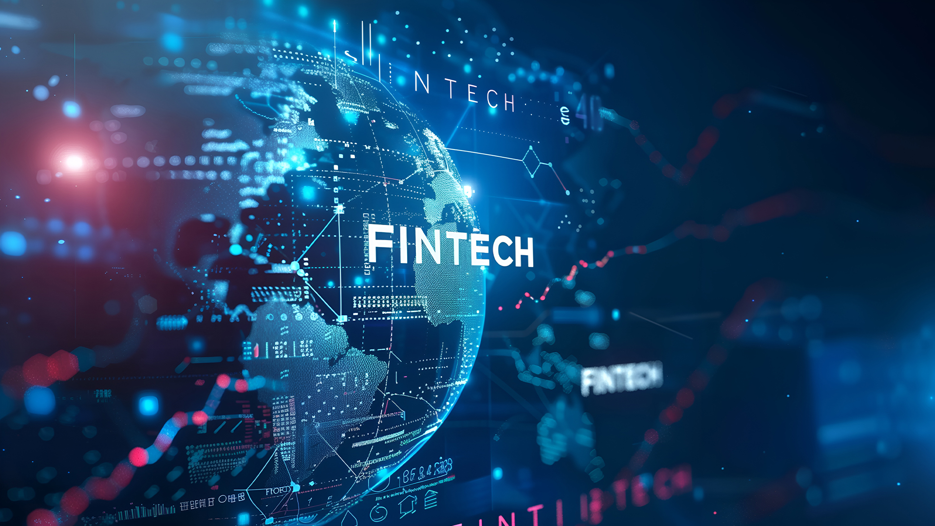 Abstract digital globe with text "FINTECH", global network and financial technology on blue background
